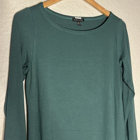 Eileen Fisher Pine Green Viscose Tunic Top Long Sleeve Lagenlook Minimalist Fall - Picture 2 of 7